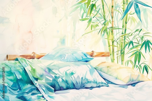 bamboo sheets on bed watercolor illustration in bedroom, natural fibers fabric  bedding and sleepwear photo