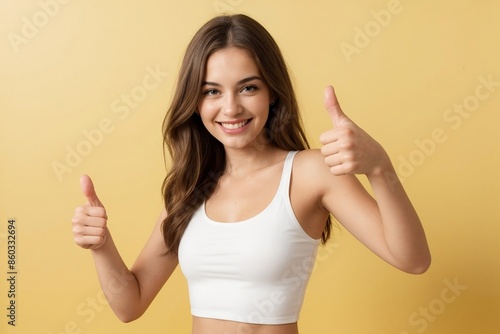 Happy young woman giving a thumbs up, smiling and looking at the camera, isolated on yellow background with copy space.