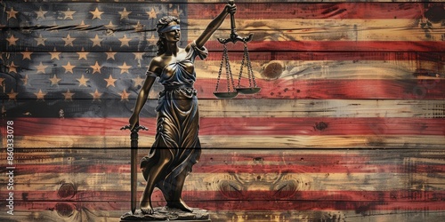 Lady Justice professional business LOGO for a law firm, Patriotic, USA, American Flag in the background on cedar wood photo