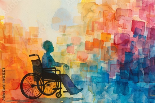 tourist person using a wheelchair navigating through bustling city streets, discovering new sights and experiences with curiosity watercolor illustration, travel with reduced mobility