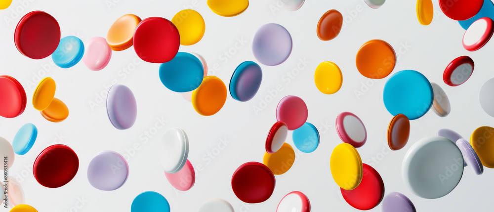 A vibrant, dynamic array of colorful discs suspended mid-air against a white background creates a playful, abstract scene. A vibrant, dynamic array of colorful discs suspended mid-air against a white background creates a playful, abstract scene.
