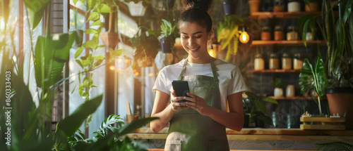 A woman wearing an apron is absorbed in her phone amidst a lush and cozy indoor garden shop, exuding warmth and greenery. photo