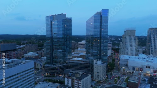 flying counter clockwise around towers in downtown White Plains New York