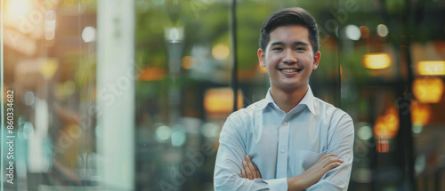 Cheerful young man in a light shirt, standing confidently with arms crossed, with a vibrant urban backdrop of blurred lights behind glass.