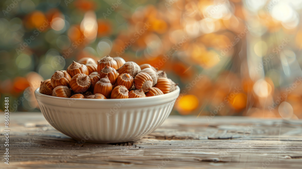 Bowl of hazelnuts on a wooden table with autumn background Bowl of hazelnuts on a wooden table with autumn background