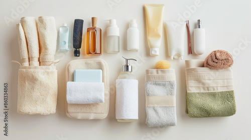 Toiletry Kits: Kits containing essential toiletries for guests isolated on white background photo