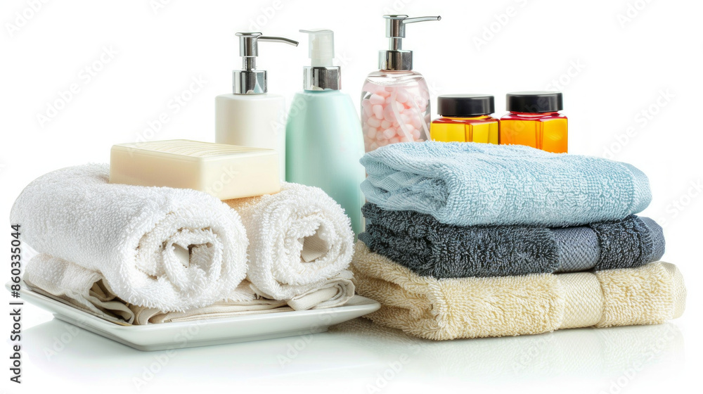 Toiletry Kits: Kits containing essential toiletries for guests isolated on white background Toiletry Kits: Kits containing essential toiletries for guests isolated on white background