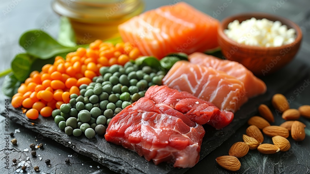 A nutritious selection featuring slices of raw salmon, chunks of red meat, green peas, orange lentils, fresh spinach leaves, cottage cheese in a bowl and scattered almonds on a dark slate background A nutritious selection featuring slices of raw salmon, chunks of red meat, green peas, orange lentils, fresh spinach leaves, cottage cheese in a bowl and scattered almonds on a dark slate background