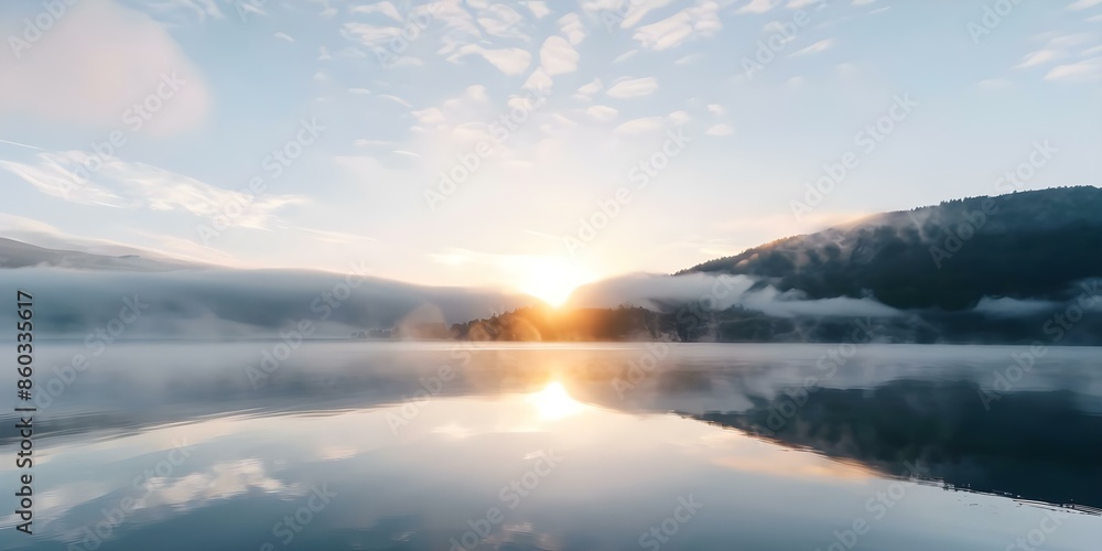 Tranquil lakeside scene at sunrise with mist rising and gentle light illuminating. Concept Lakeside Sunrise, Tranquil Scene, Misty Morning, Gentle Light, Nature Photography Tranquil lakeside scene at sunrise with mist rising and gentle light illuminating. Concept Lakeside Sunrise, Tranquil Scene, Misty Morning, Gentle Light, Nature Photography