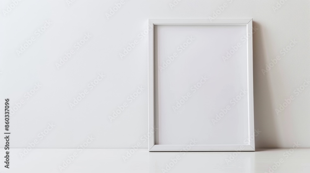 White picture frame, clean design, empty frame, empty space, potential artwork, plain white wall White picture frame, clean design, empty frame, empty space, potential artwork, plain white wall