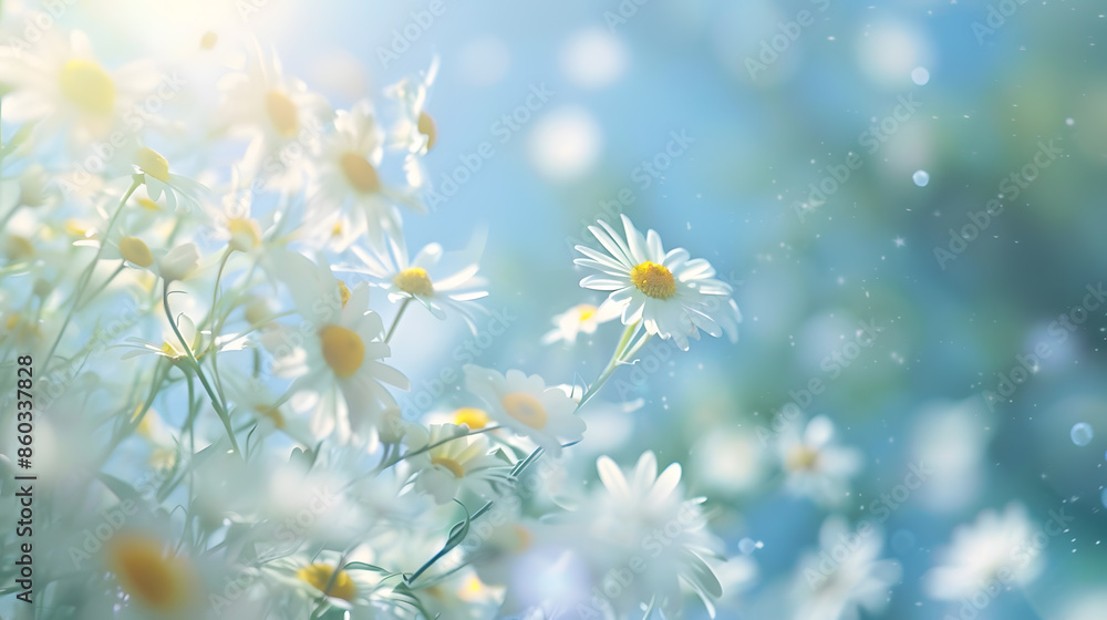 Beautiful blurred spring floral background nature with blooming glade of daisies and blue sky on sunny day : Generative AI Beautiful blurred spring floral background nature with blooming glade of daisies and blue sky on sunny day : Generative AI