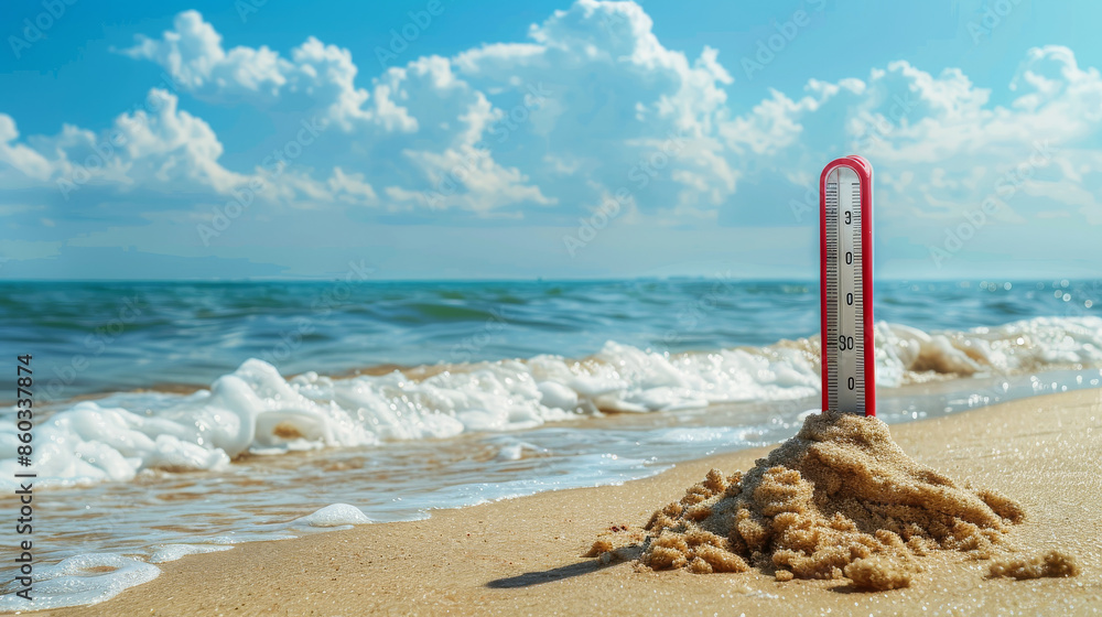 A thermometer on a beach with a blank area for your design or message. ID_37826018-fad8-410d-8ada-ff9ac05569c7 --ar 16:9 Job ID: 9d4d49f2-ea19-49ee-a764-850abcd4b76f A thermometer on a beach with a blank area for your design or message. ID_37826018-fad8-410d-8ada-ff9ac05569c7 --ar 16:9 Job ID: 9d4d49f2-ea19-49ee-a764-850abcd4b76f