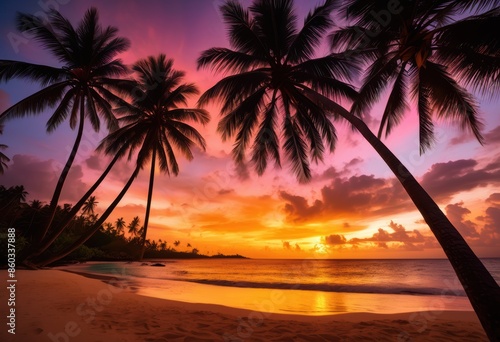 vibrant tropical sunset silhouetting island paradise, scenic, beach, sky, horizon, serene, coastline, exotic, orange, beautiful, nature, travel, destination
