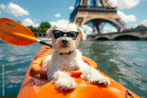 A small white dog wearing stylish sunglasses sits confidently in an orange extreme sport kayak