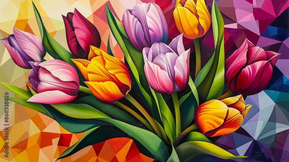 Fototapeta premium Vibrant bouquet of tulips closeup with geometric wallpaper background