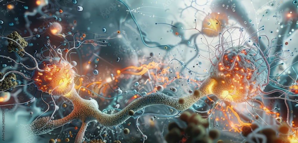 A visually stunning 3D rendering of nerve cells, depicted with intricate detail and surrounded by representations of biomedical processes and molecular structures. A visually stunning 3D rendering of nerve cells, depicted with intricate detail and surrounded by representations of biomedical processes and molecular structures.