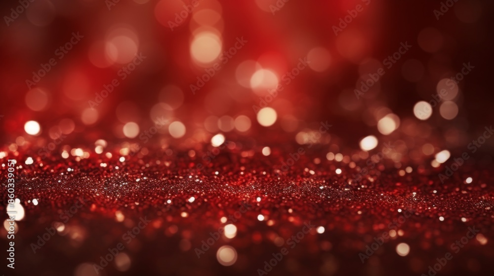 Close-up of a glittery red surface with a shallow depth of field, creating a bokeh effect with soft lights and sparkles Close-up of a glittery red surface with a shallow depth of field, creating a bokeh effect with soft lights and sparkles