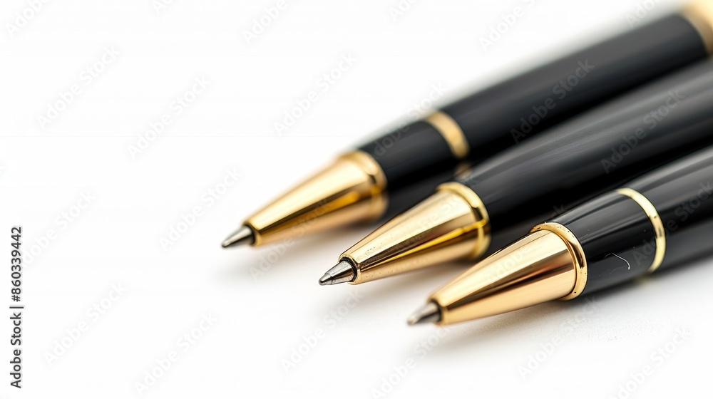 Three elegant black and gold pens closeup against a white backdrop Three elegant black and gold pens closeup against a white backdrop