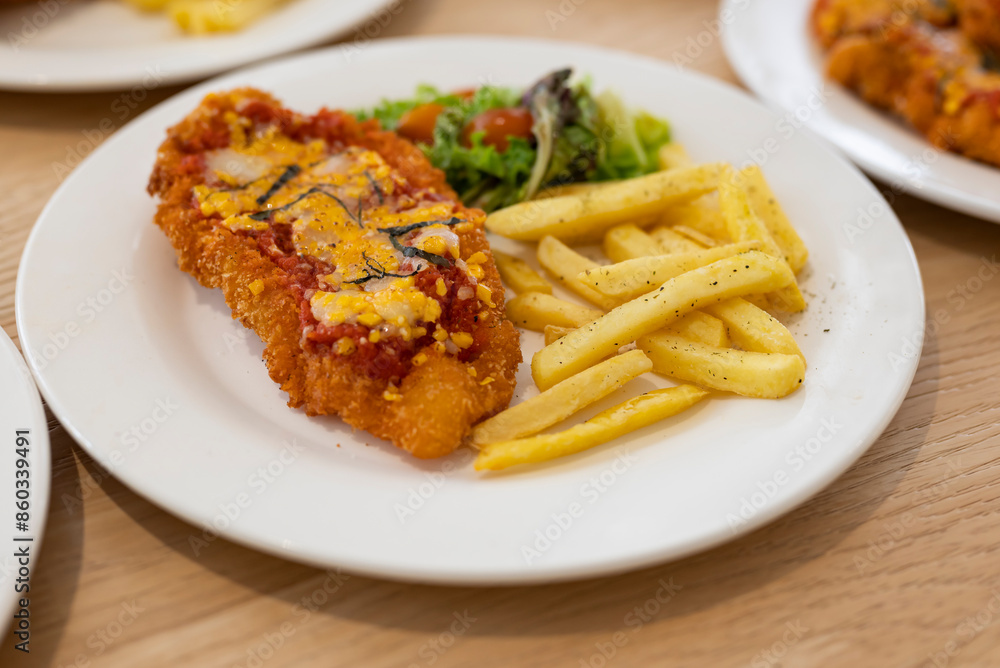 fried chicken chop with french fries with cheese fried chicken chop with french fries with cheese