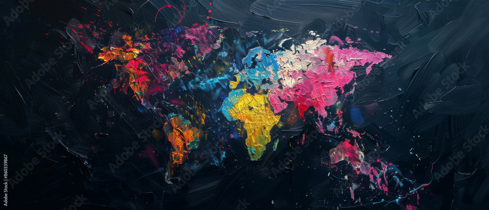 Obraz premium A vivid, abstract world map painted with dynamic splashes of color on a dark canvas, showcasing continents with artistic flair.