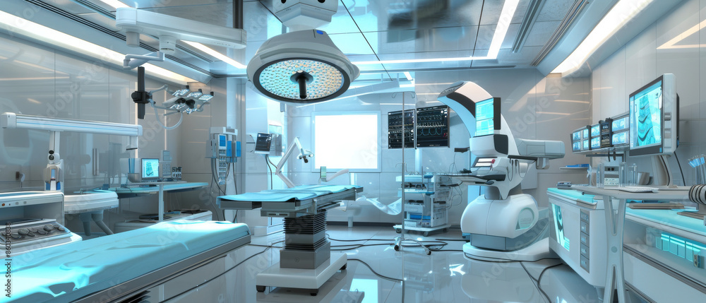 A futuristic, high-tech operating room filled with advanced medical equipment bathed in a sterile, cool-blue light. A futuristic, high-tech operating room filled with advanced medical equipment bathed in a sterile, cool-blue light.