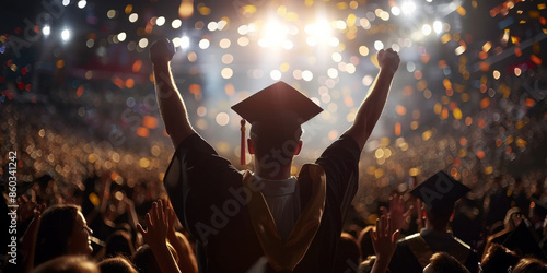 Male Graduate Celebrating with Raised Arms at Graduation Ceremony photo