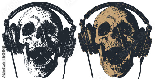 Screaming skull in headphones, vector illustration