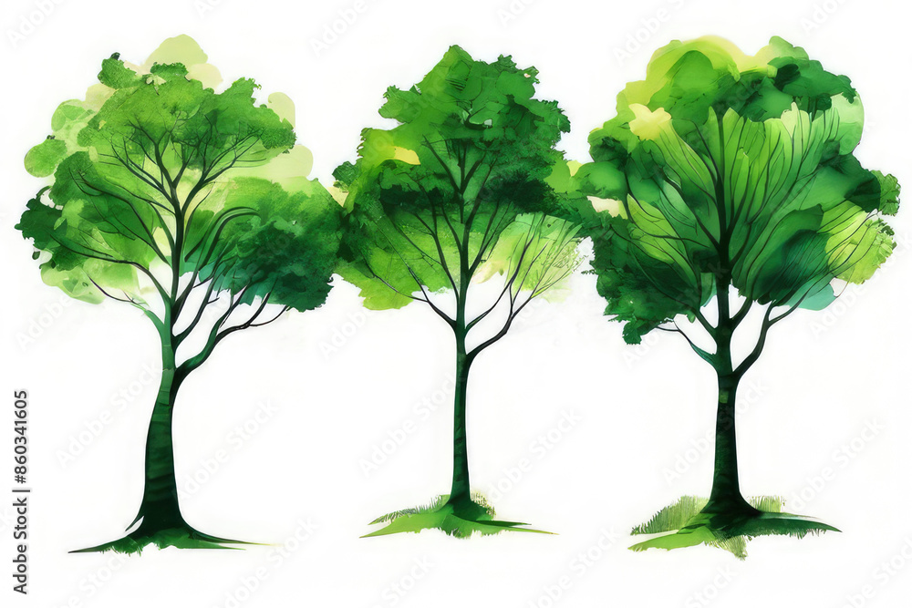 Fototapeta premium Set of abstract watercolor trees with lush greenery on white background. For backdrops, nature-themed composition, artistic applications, decorative projects, creative elements, digital, print designs