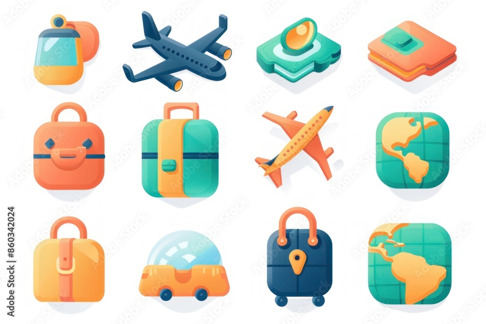 Assortment of vibrant 2D travel icons featuring an airplane, luggage ...