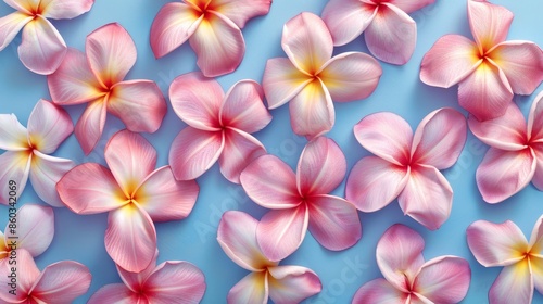 Pink plumeria flowers pattern on blue background illustration