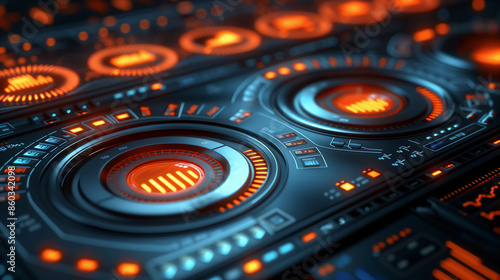 A futuristic control panel with vibrant orange and blue lights, displaying complex interfaces and data.