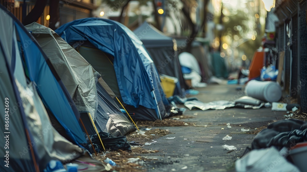 Obraz premium An abandoned or neglected temporary shelter is suggested by a campsite cluttered with collapsed tents and scattered camping gear.