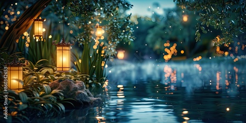 lanterns by the lake, fantasy forest background, sparkling night, realistic photography, 