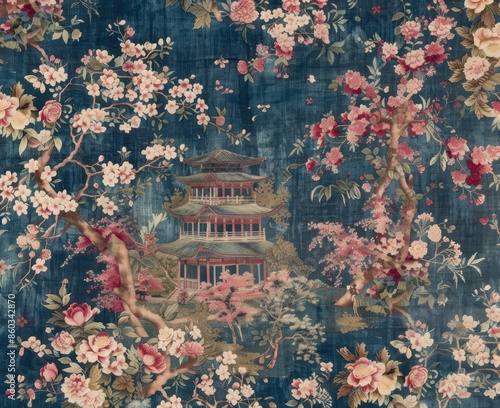 A blue and pink floral print with a Japanese theme. A building with a pagoda and a cherry blossom tree
