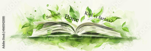 Esperanto language day. Horizontal banner. The inscriptions Hello, Okay and How are you in esperanto above an open book, blue background with leaves. Free space for text