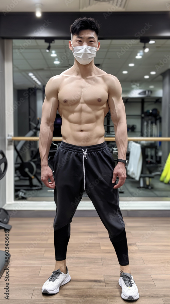 Muscular man posing in gym with face mask Muscular man posing in gym with face mask