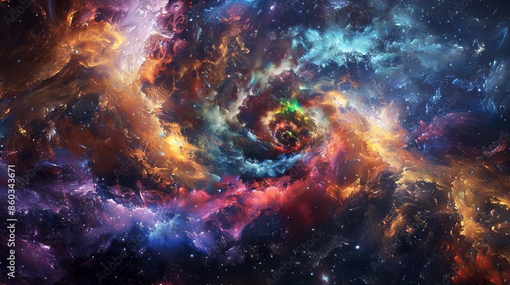 Mesmerizing cosmic vortex swirls with vibrant hues, celestial dust, and radiant elements, showcasing a vibrant and dynamic interstellar phenomenon. Mesmerizing cosmic vortex swirls with vibrant hues, celestial dust, and radiant elements, showcasing a vibrant and dynamic interstellar phenomenon.