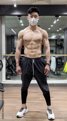 Muscular man posing in gym with face mask