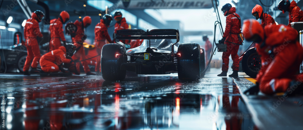 Naklejka premium The rear view of a Formula 1 car amid a flurry of pit crew activity on a rainy day, capturing the intense pace and precision of auto racing.