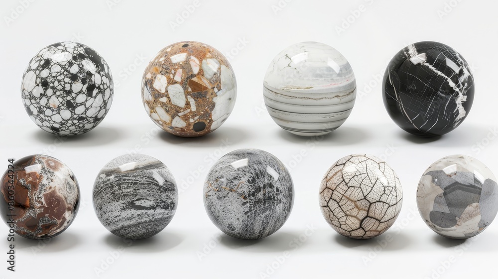 Intricate marble spheres in various patterns showcased on a pristine white background. Intricate marble spheres in various patterns showcased on a pristine white background.