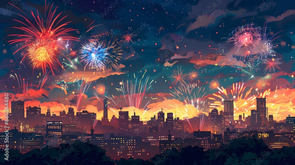 Naklejka premium New Year's Eve Fireworks: Spectacular fireworks lighting up the night sky over a cityscape on New Year's Eve.