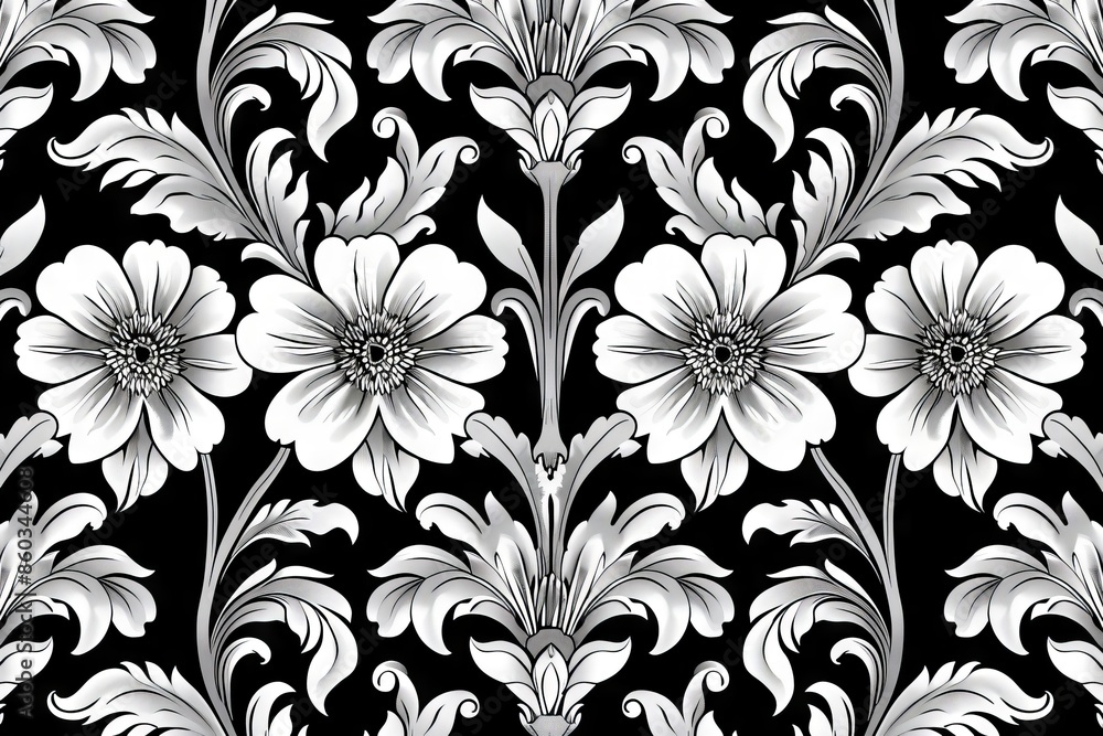 A black and white floral pattern. A black and white floral pattern.