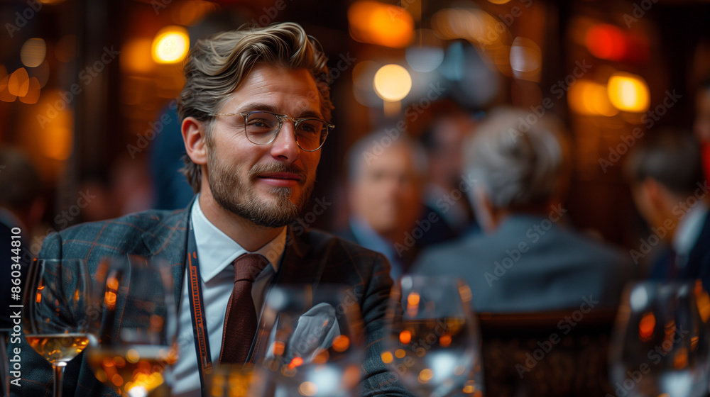 global business tycoon enjoying a high-profile networking event with a sophisticated atmosphere global business tycoon enjoying a high-profile networking event with a sophisticated atmosphere