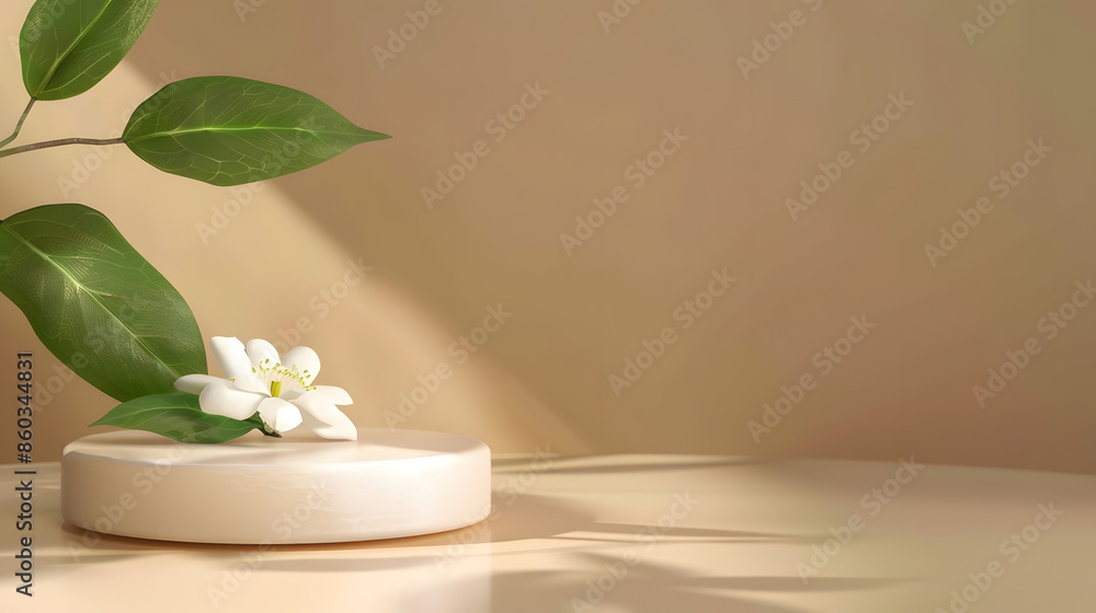 Pedestal for cosmetic product and packaging mockups presentation Empty round podium decorated with beautiful white flower and green leaf on brown background Front view : Generative AI Pedestal for cosmetic product and packaging mockups presentation Empty round podium decorated with beautiful white flower and green leaf on brown background Front view : Generative AI