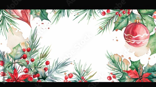 Garlandadorned Christmas card background with watercolor illustrations. photo