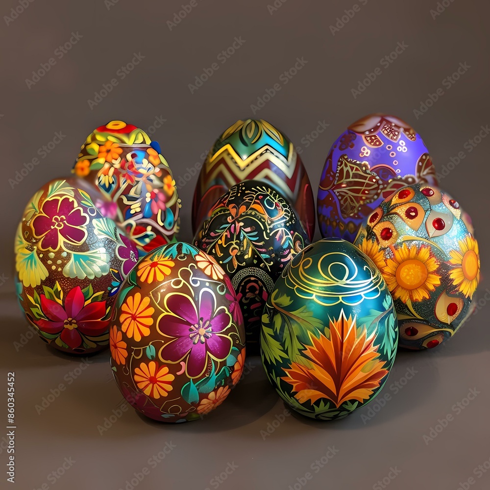 A collection of intricately decorated eggs featuring vibrant floral patterns and detailed geometric designs on a neutral background. A collection of intricately decorated eggs featuring vibrant floral patterns and detailed geometric designs on a neutral background.