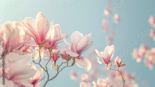 Ethereal magnolia blossoms in soft pink hues against a serene azure sky © BrilliantPixels
