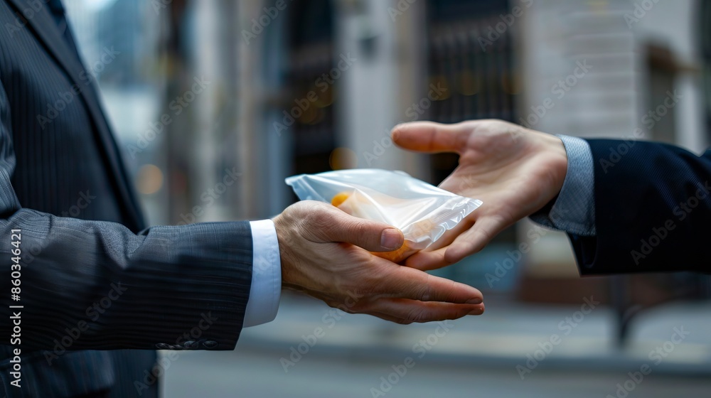 Fototapeta premium Two businessmen shaking hands with a bag of food.