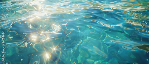 Sunlit crystallized turquoise water rippling gently, sparkling with light reflections creating a mesmerizing aquatic scene.