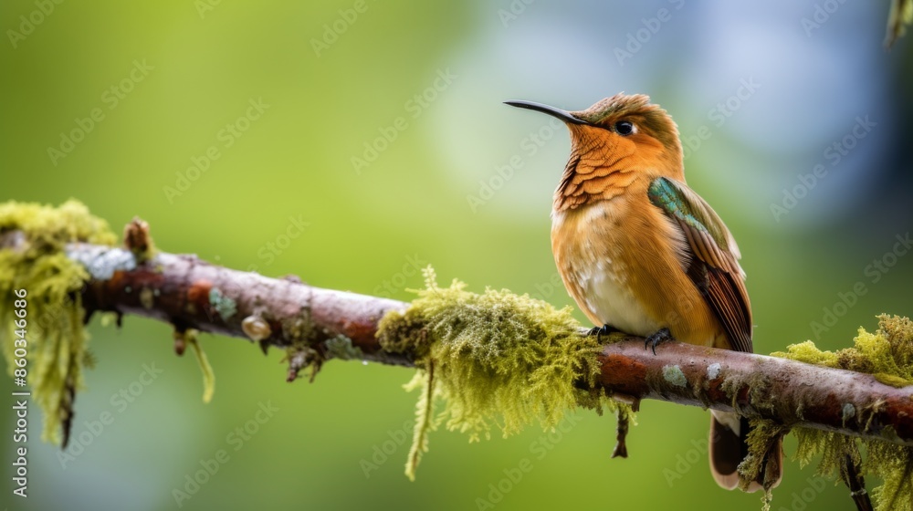 Fototapeta premium A vibrant hummingbird perched on a mossy branch against a soft green background